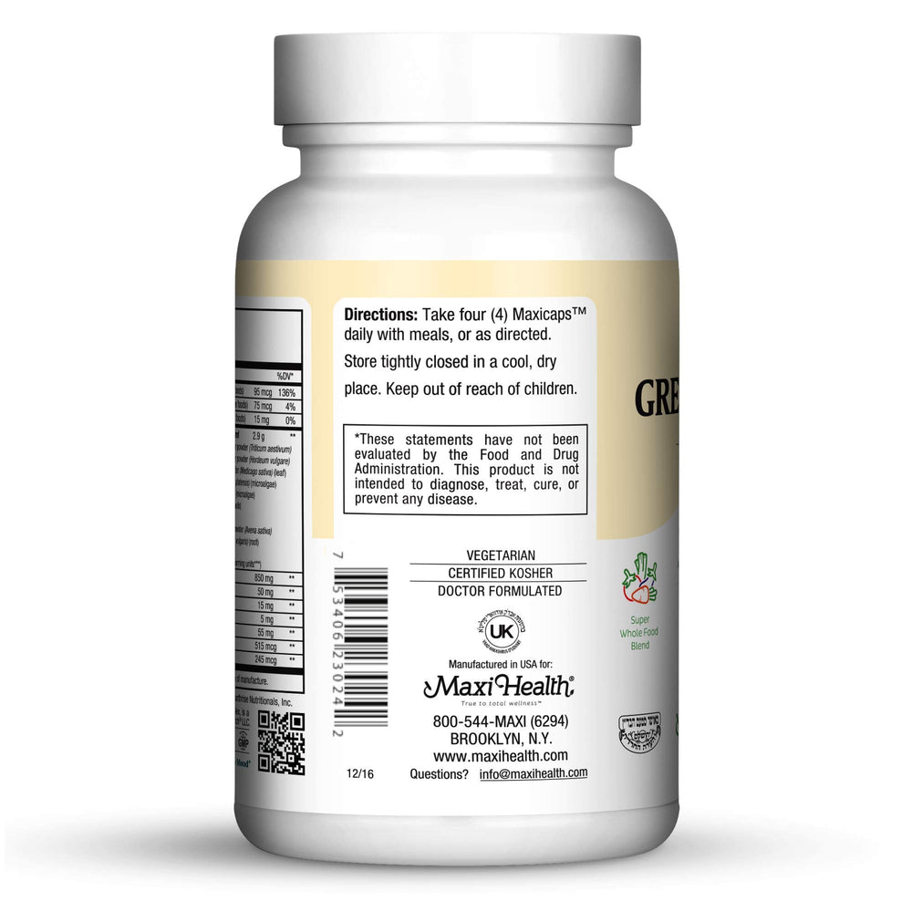 Maxi Health Green Energee capsules close-up in a bottle-ready format for daily use.