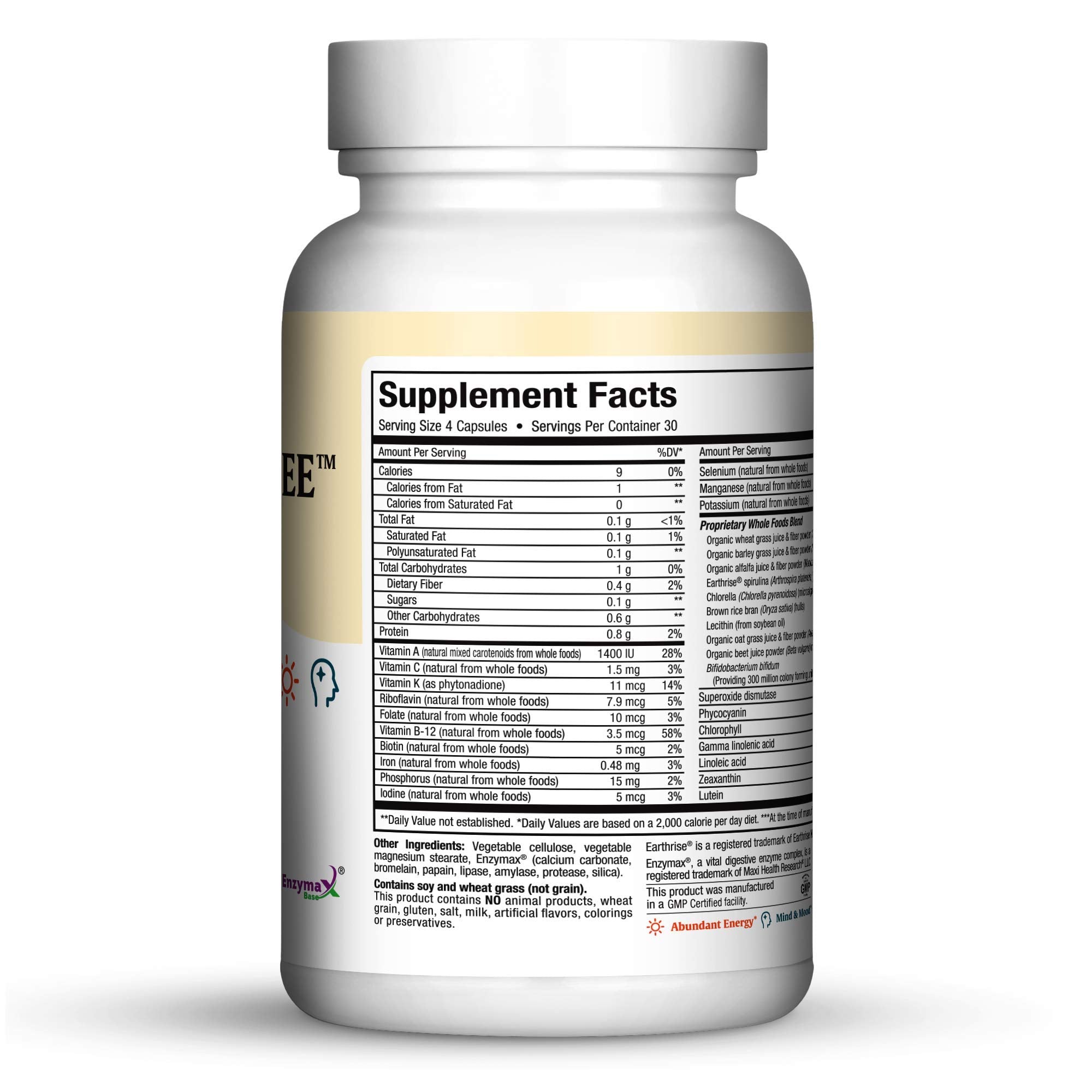 Green Energee label close-up highlighting whole-food blend nutrition potential