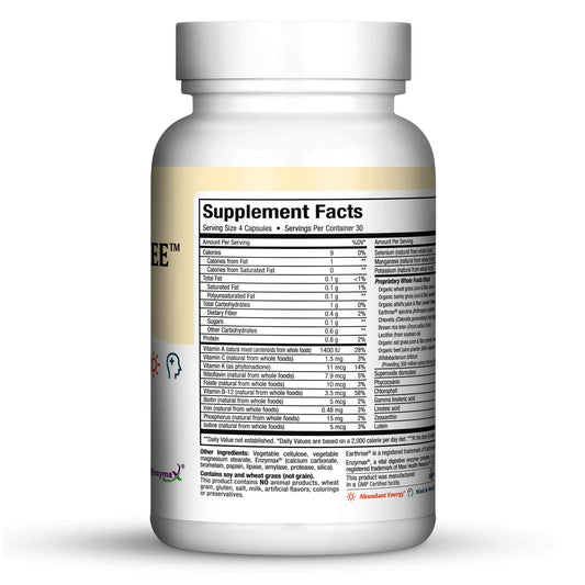 Green Energee label close-up highlighting whole-food blend nutrition potential