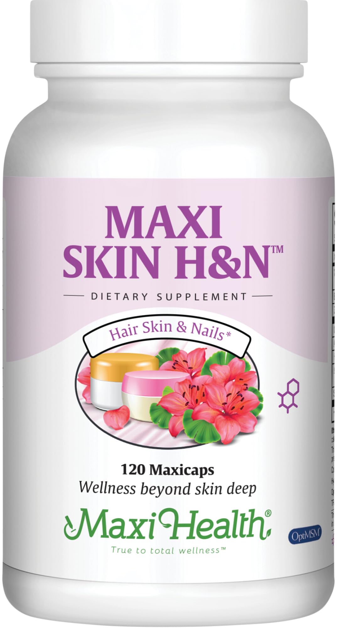 Maxi Health Hair Skin and Nails capsules bottle supports potential hair and nail health.
