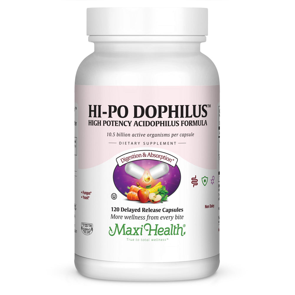 Maxi Health Hi-Po Dophilus bottle pour for easy daily digestive support.
