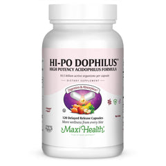 Maxi Health Hi-Po Dophilus bottle pour for easy daily digestive support.