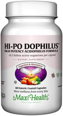 Maxi Health Hi-Po Dophilus bottle showcasing 60 vegan capsules for digestive balance.