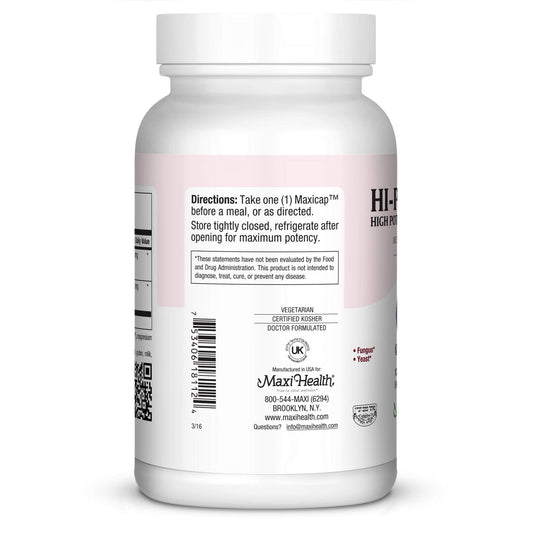 Maxi Health Hi-Po Dophilus capsules closeup highlighting probiotic blend for gut health.