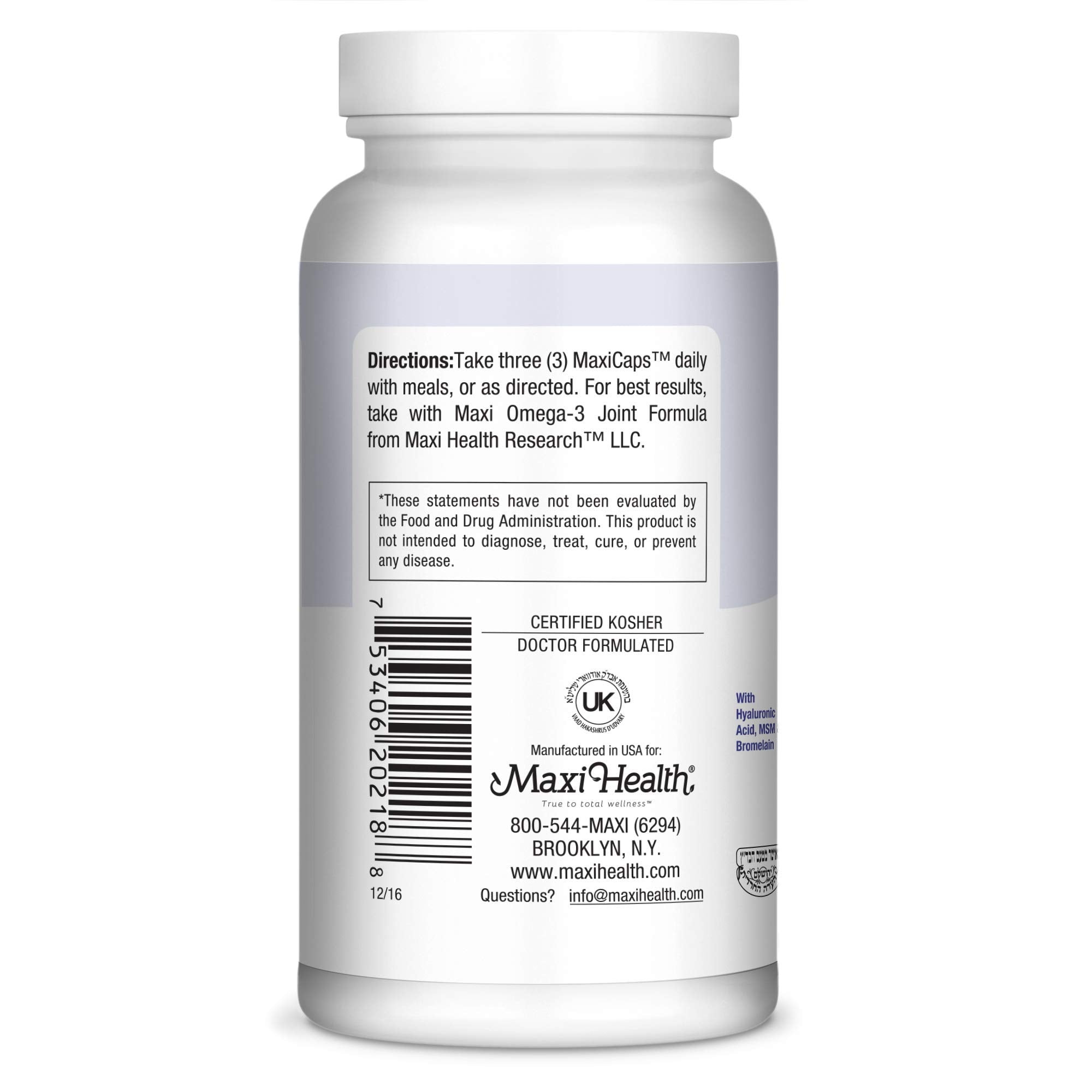 Maxi Health Hyaluronic Acid and Bromelain ingredients label signals cartilage support.