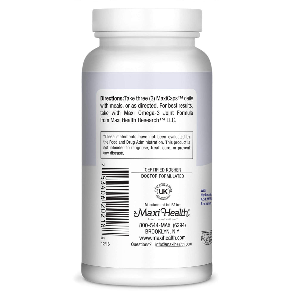 Maxi Health Hyaluronic Acid and Bromelain ingredients label signals cartilage support.