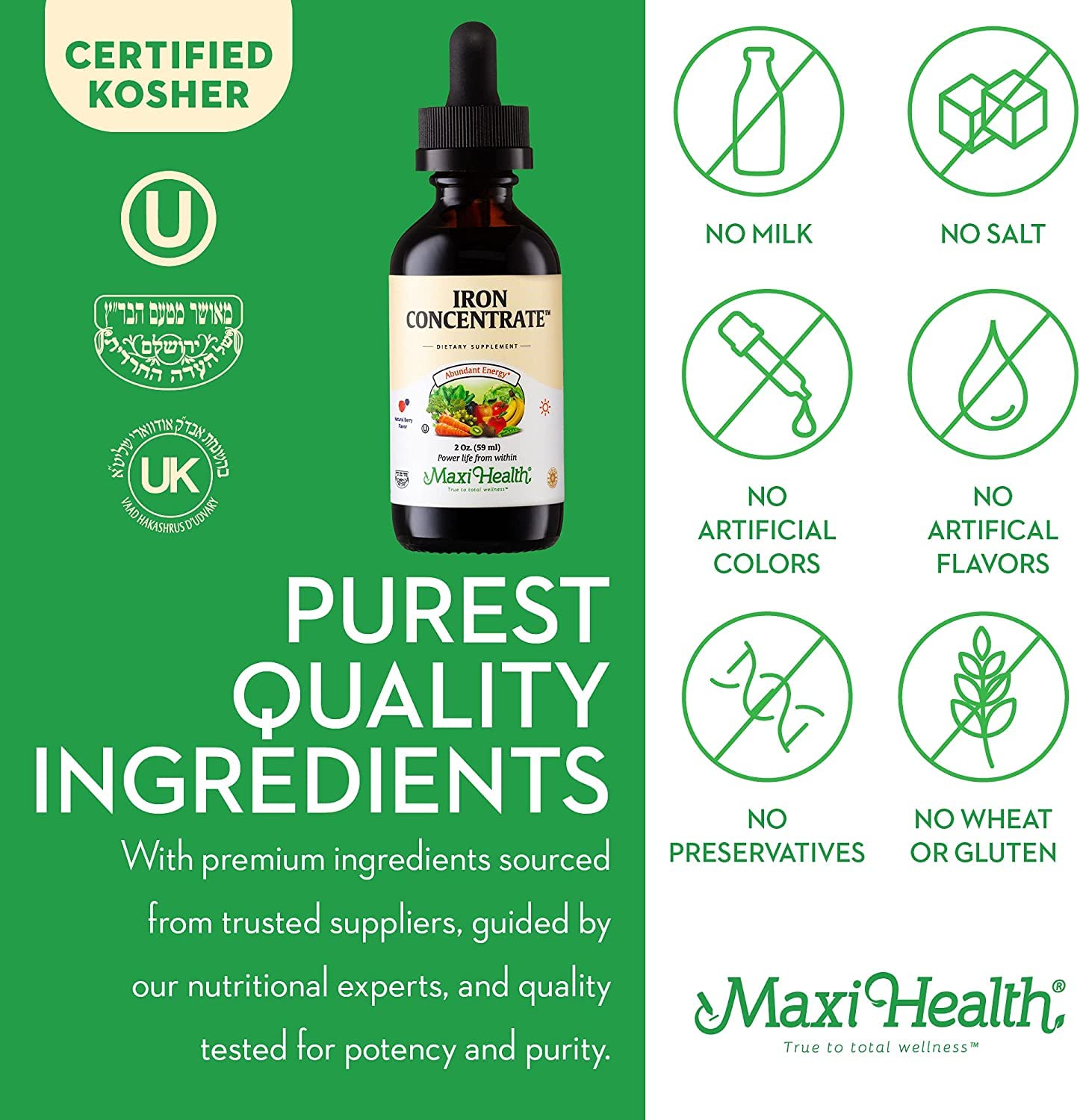 Maxi Health Iron Drops nutrition facts panel emphasizing iron per milliliter