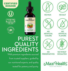 Maxi Health Iron Drops nutrition facts panel emphasizing iron per milliliter