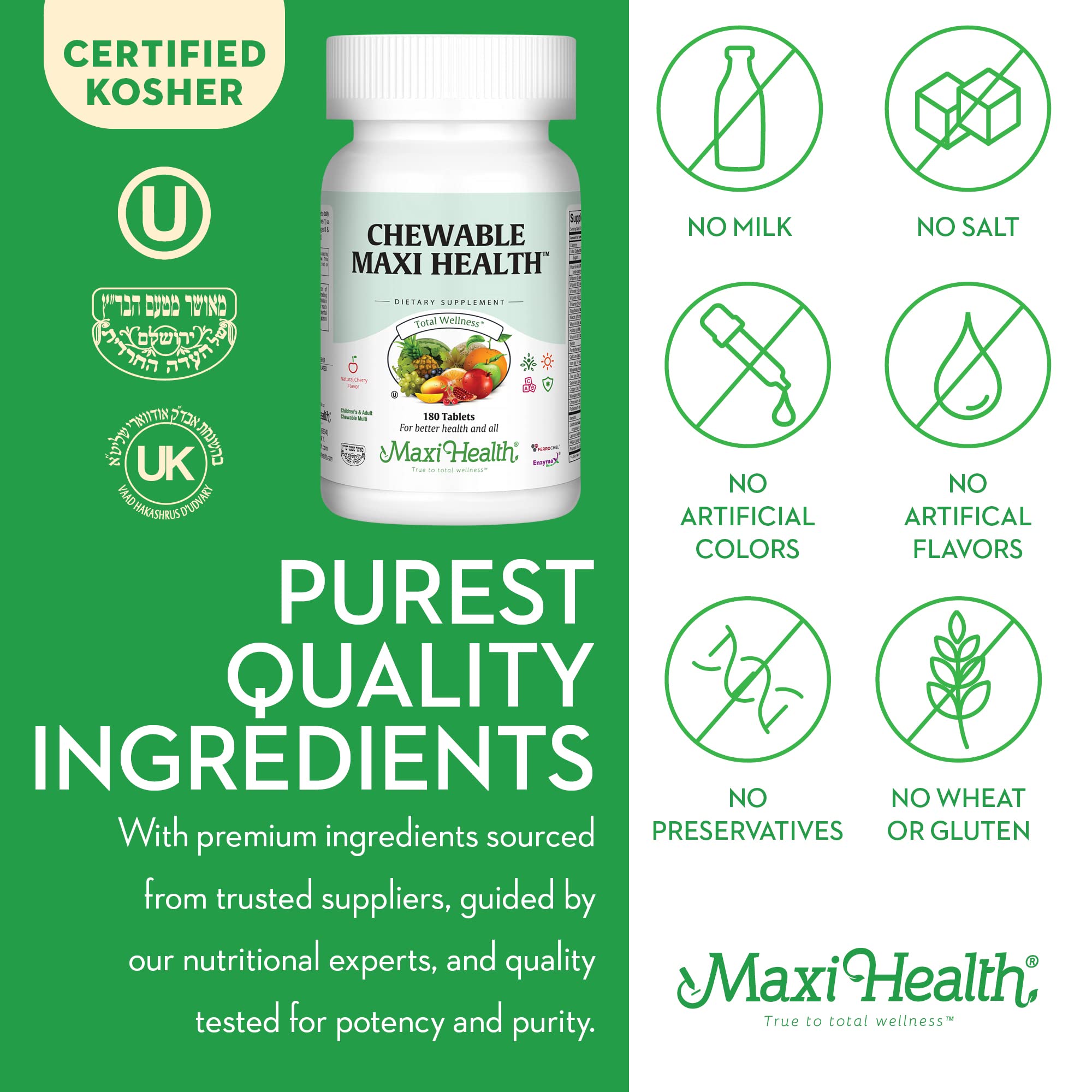 Maxi Health iron-inclusive multivitamin bottle highlights iron for daily nutrition