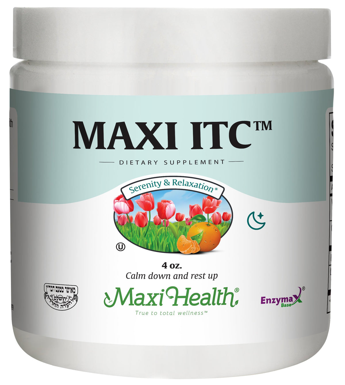 Maxi Health ITC inositol with taurine and vitamin C calming formula in a kosher bottle.