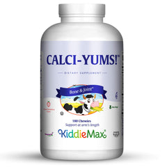 Maxi Health CalciYum strawberry bear chew supports growing bones and teeth.