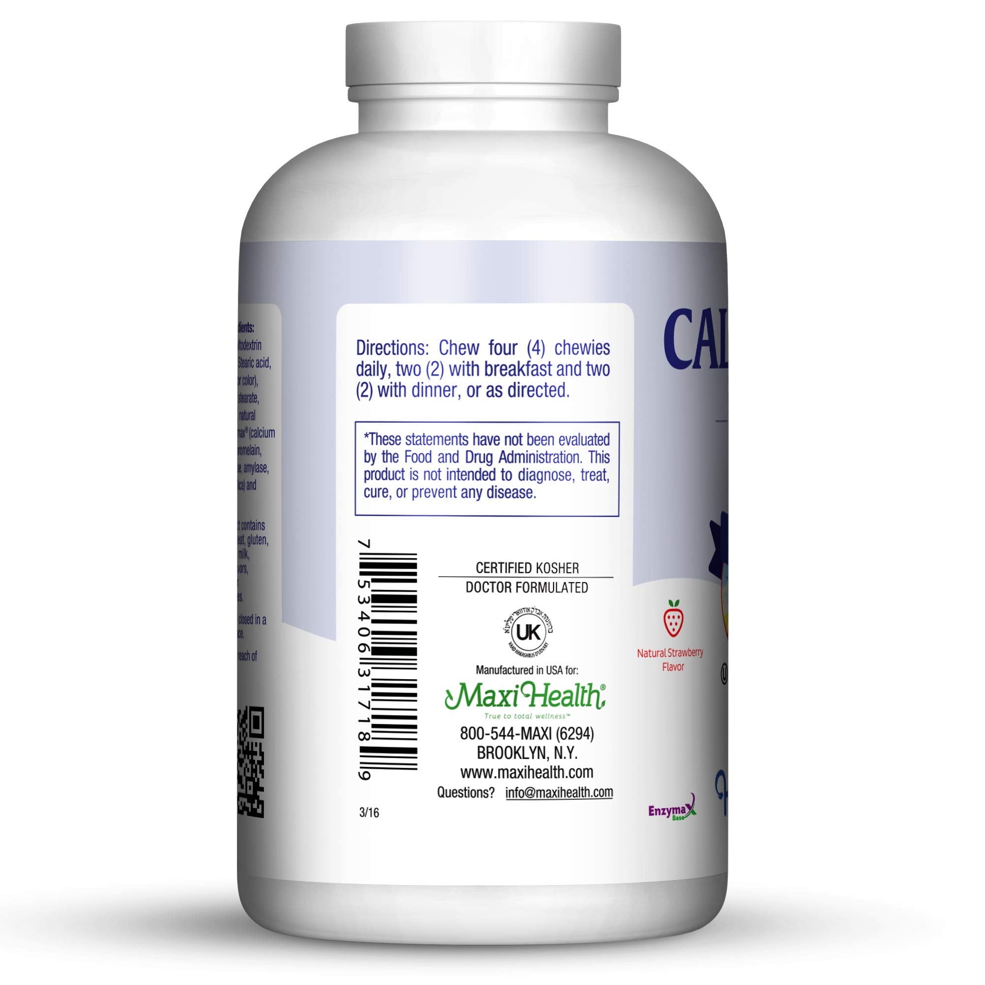 Maxi Health CalciYum bear chew packaging is gluten-free and kosher certified.