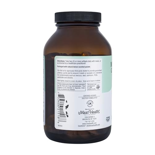 Maxi Health kosher-certified omega-3 guarantees clean ingredients for mindful daily use.