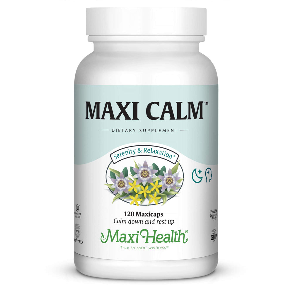 Maxi Health Maxi Kosher Calm bottle front promotes serenity and balanced mood.