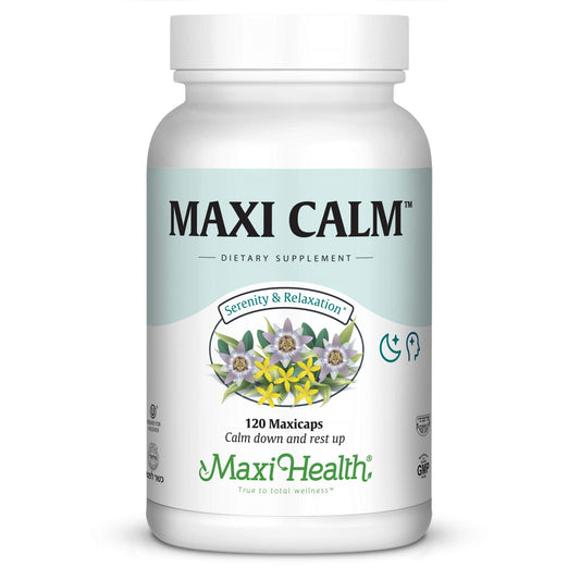 Maxi Health Maxi Kosher Calm bottle front promotes serenity and balanced mood.