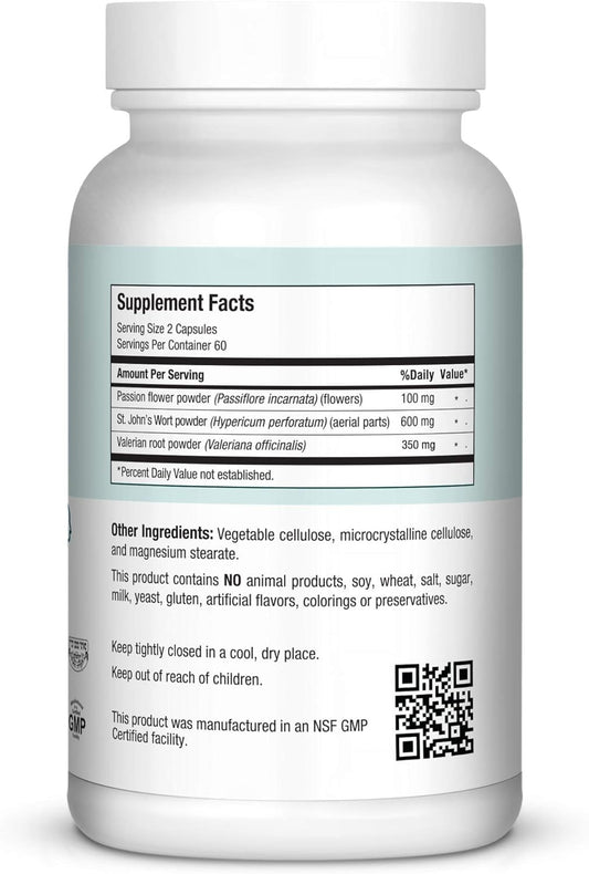 Maxi Health Calm capsules close-up highlights full-spectrum herbal blend for relaxation.