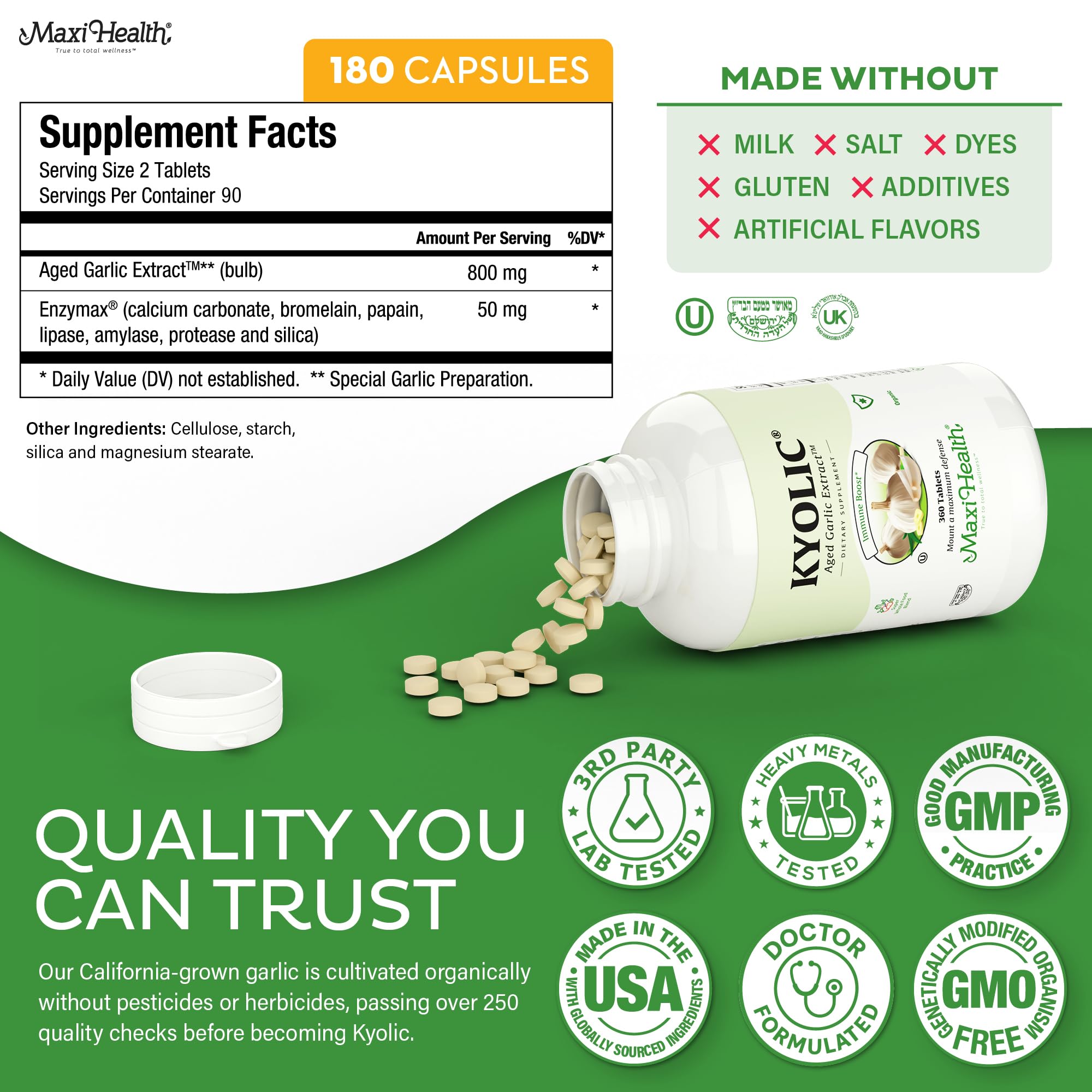 Maxi Health Kyolic kosher seal confirms clean, trusted ingredients.