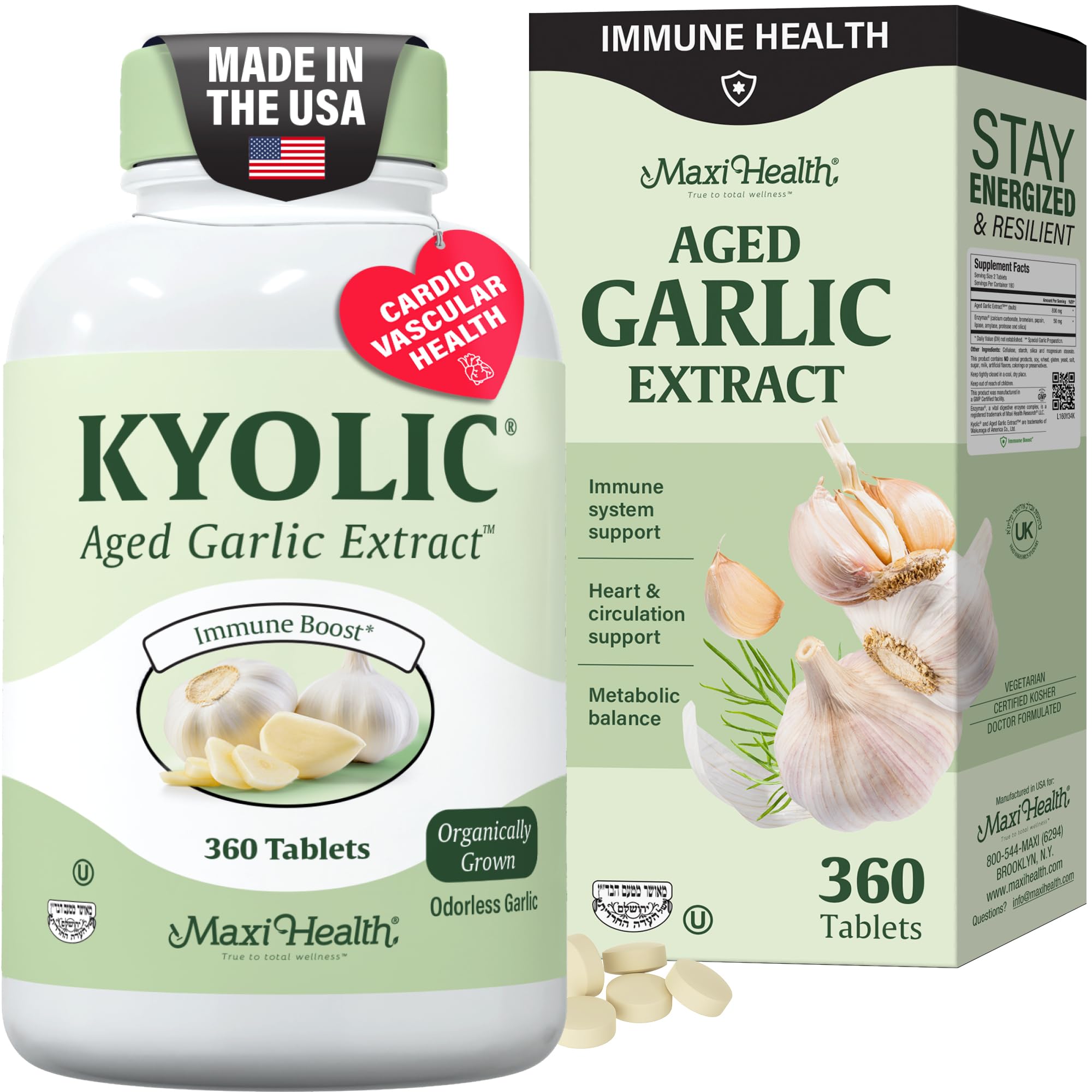Maxi Health Kyolic organic garlic tablets packaging closeup for immune support