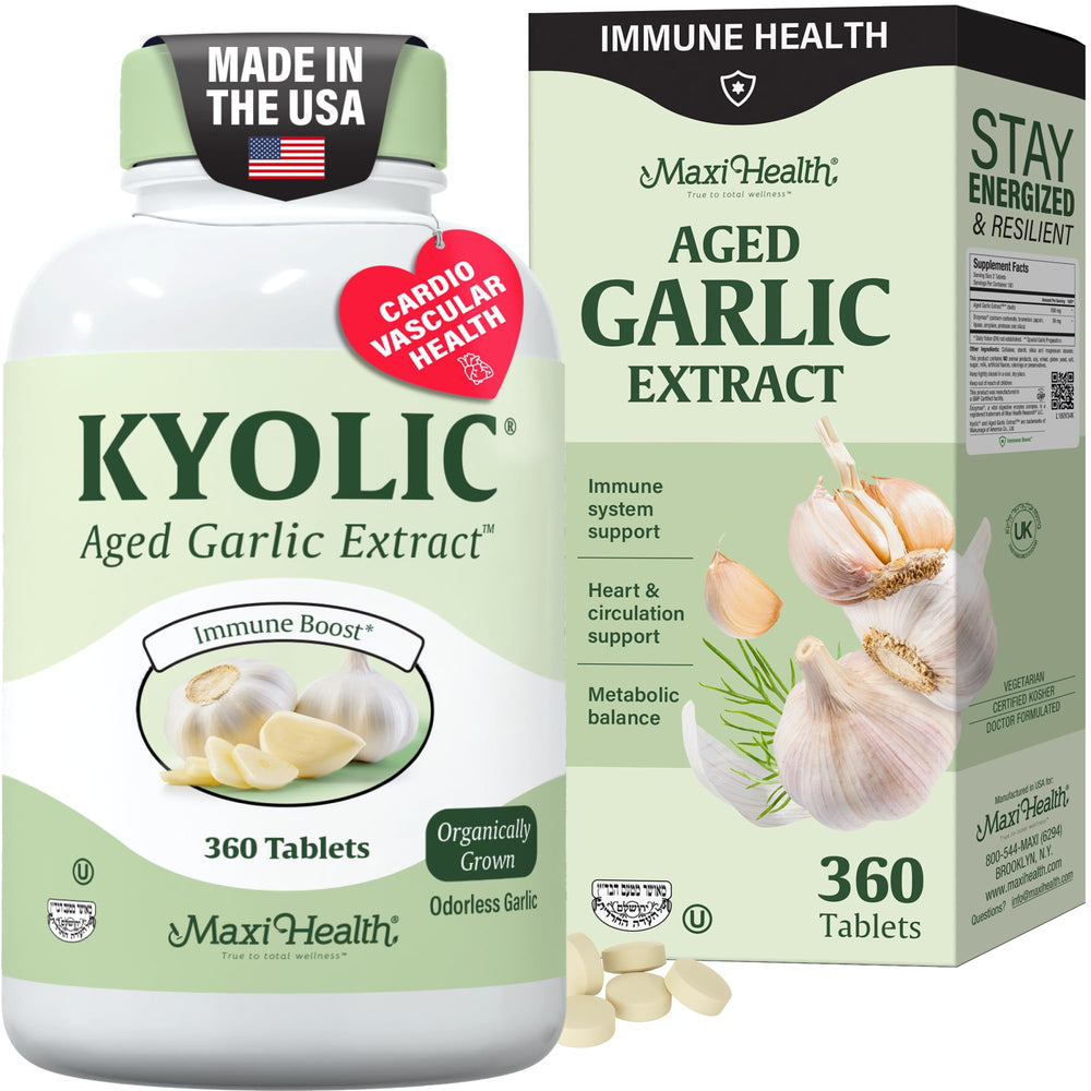 Maxi Health Kyolic organic garlic tablets packaging closeup for immune support