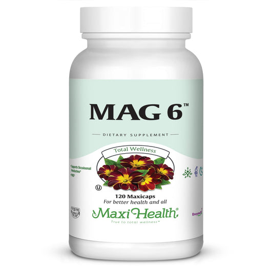 Maxi Health MAG 6 bottle and label for steady daily energy support