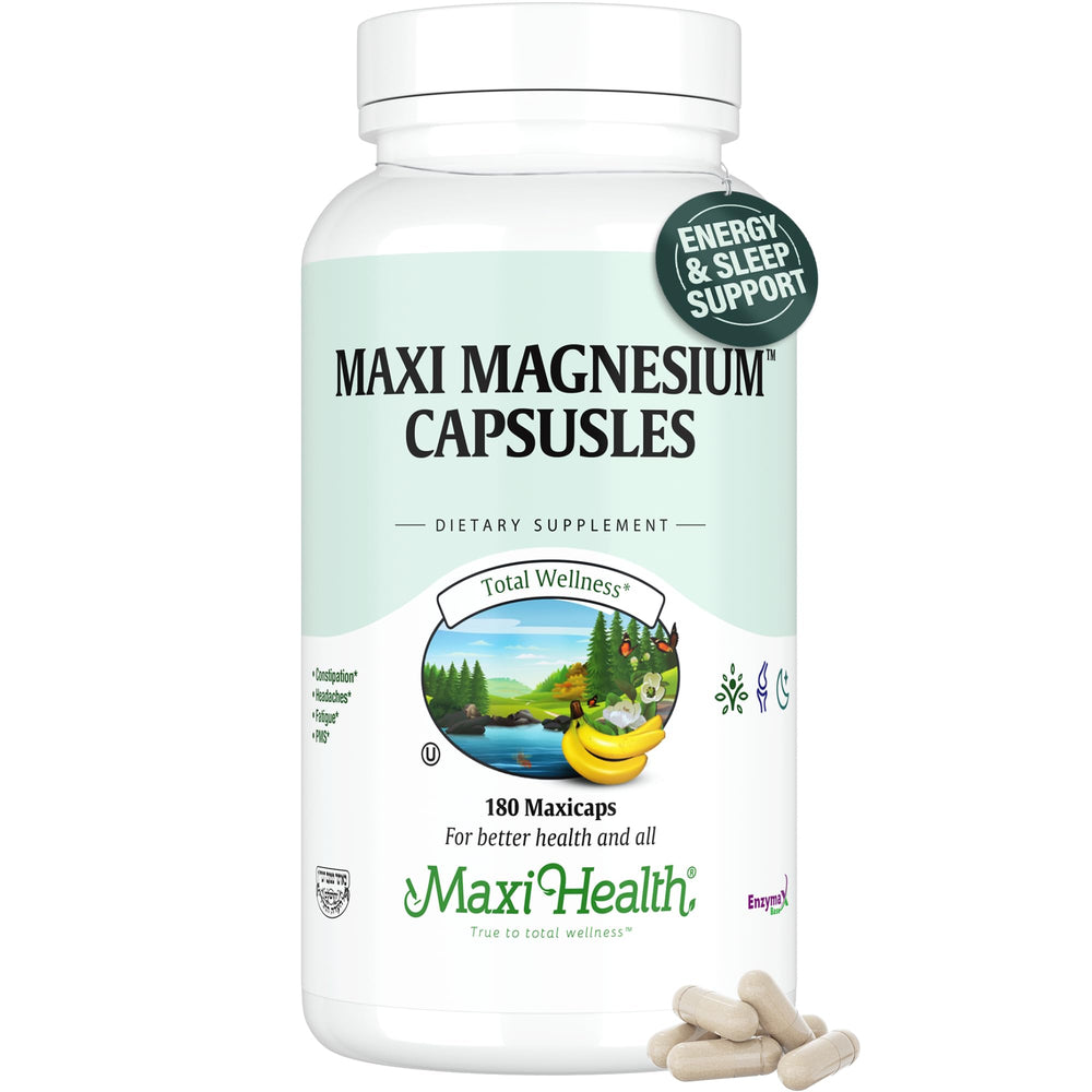 Maxi Health Magnesium Complex bottle promotes daily mineral intake for energy and bone support.