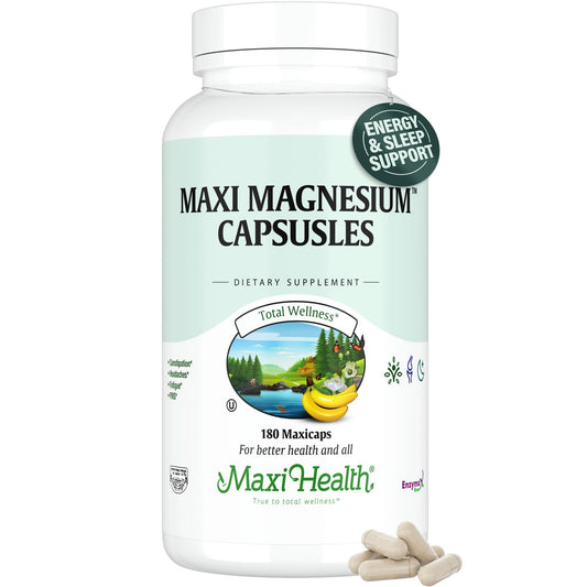 Maxi Health Magnesium Complex bottle promotes daily mineral intake for energy and bone support.