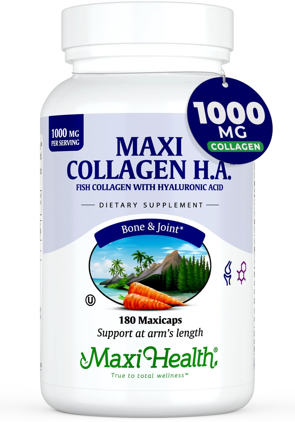 Maxi Health Marine Collagen bottle shown, supporting joint comfort and skin hydration