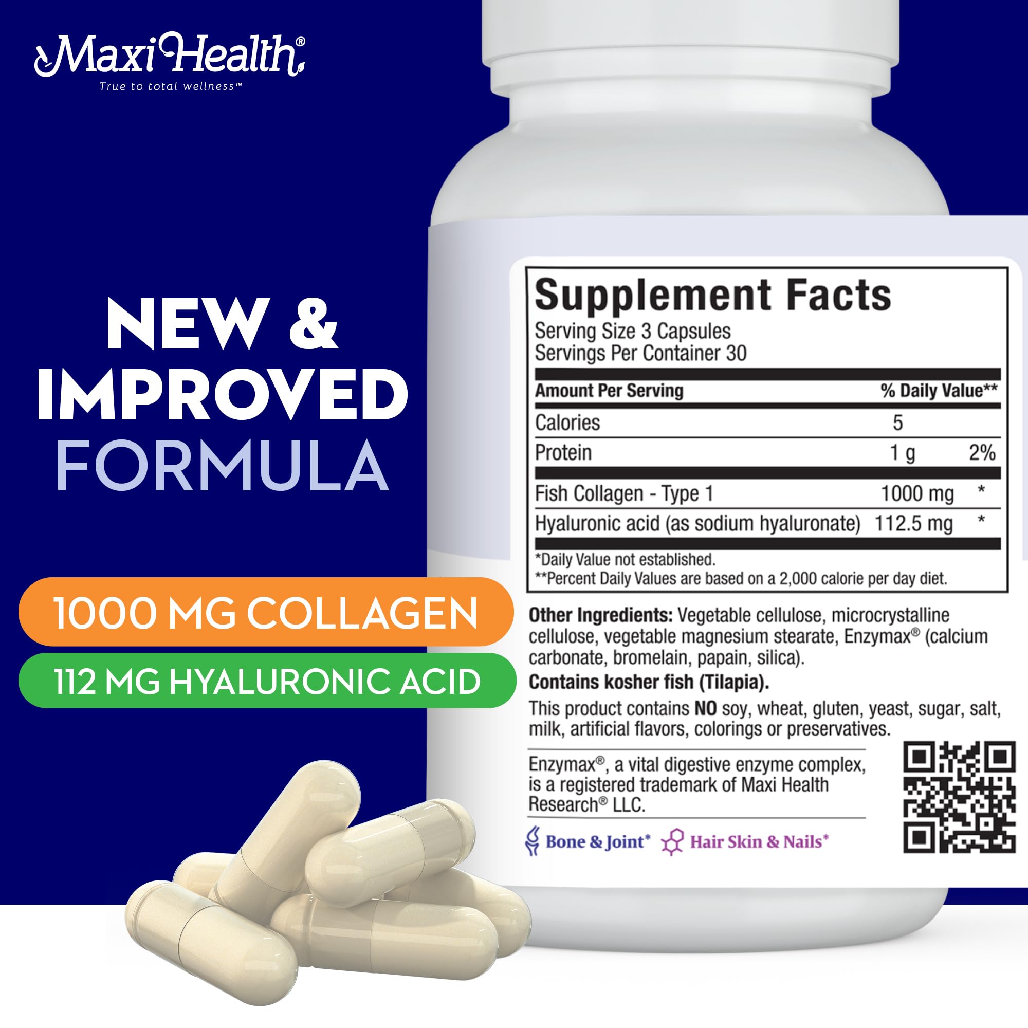 Front-label view of Maxi Health Marine Collagen with hyaluronic acid for joints.