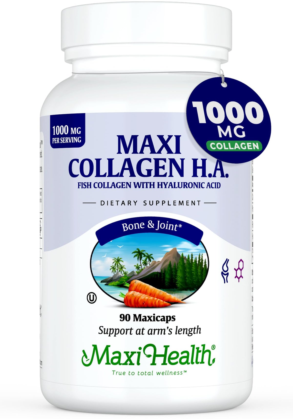 Maxi Health Marine Collagen pills bottle close-up, supporting joint comfort and skin hydration.