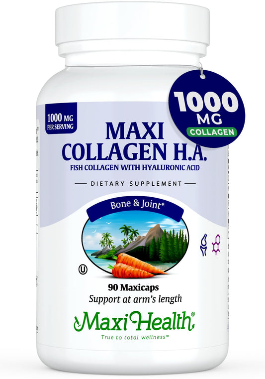 Maxi Health Marine Collagen pills bottle close-up, supporting joint comfort and skin hydration.