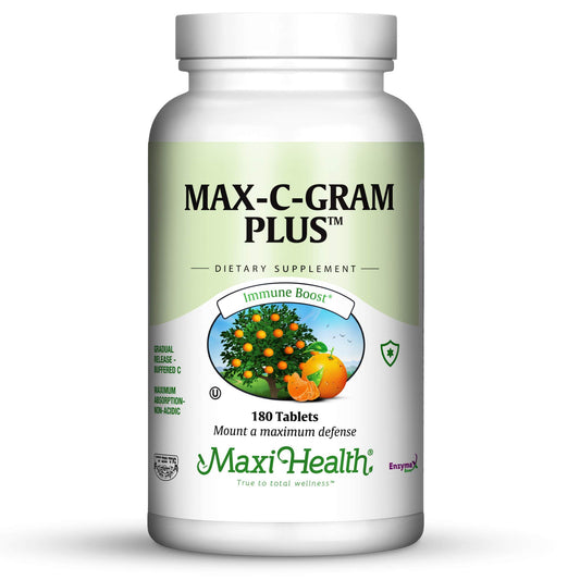 Maxi Health Max C Gram Plus bottle front highlighting high-potency vitamin C support.