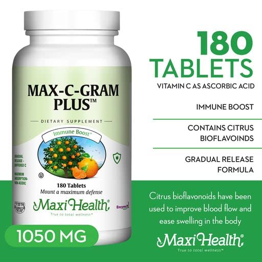 Bottle label of Maxi Health Max C Gram Plus with lemon bioflavonoids for antioxidant support.