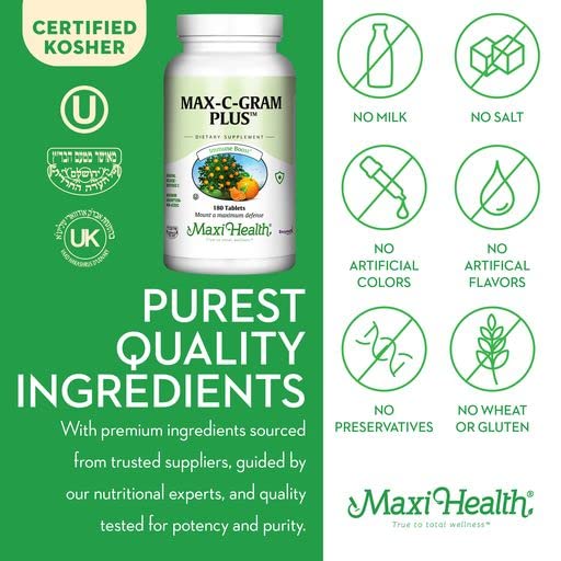 Kosher and GMP seals visible on Maxi Health Max C Gram Plus packaging.