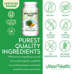 Kosher and GMP seals visible on Maxi Health Max C Gram Plus packaging.
