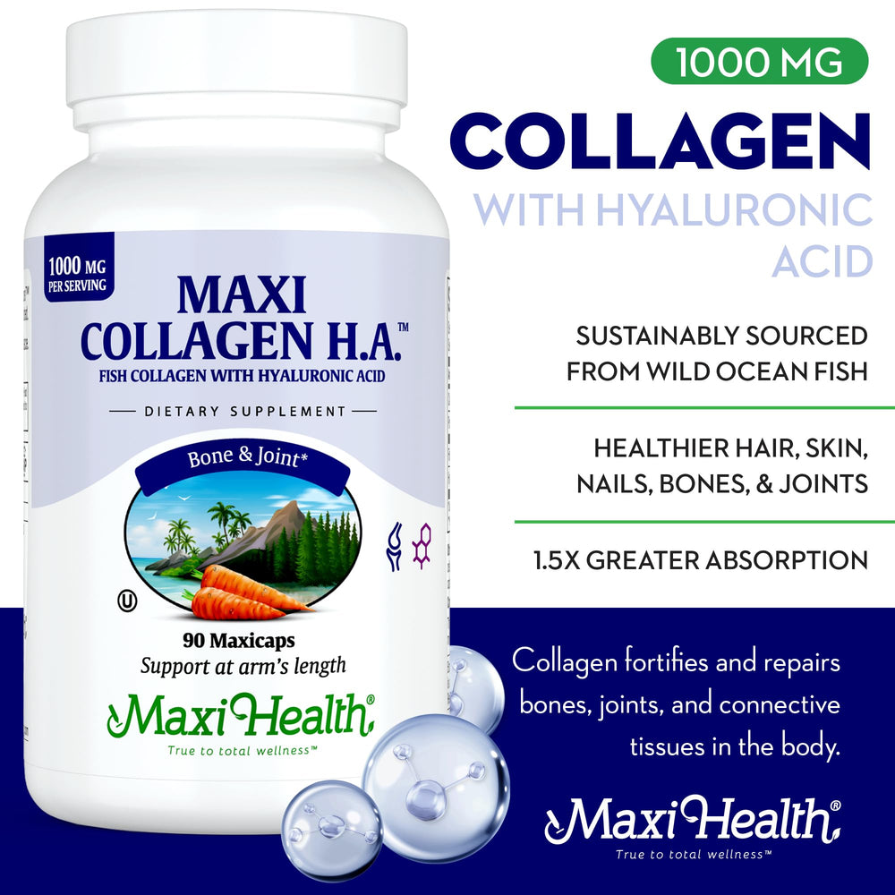 Maxi Health Maxicaps unflavored capsules on white background for easy daily use.