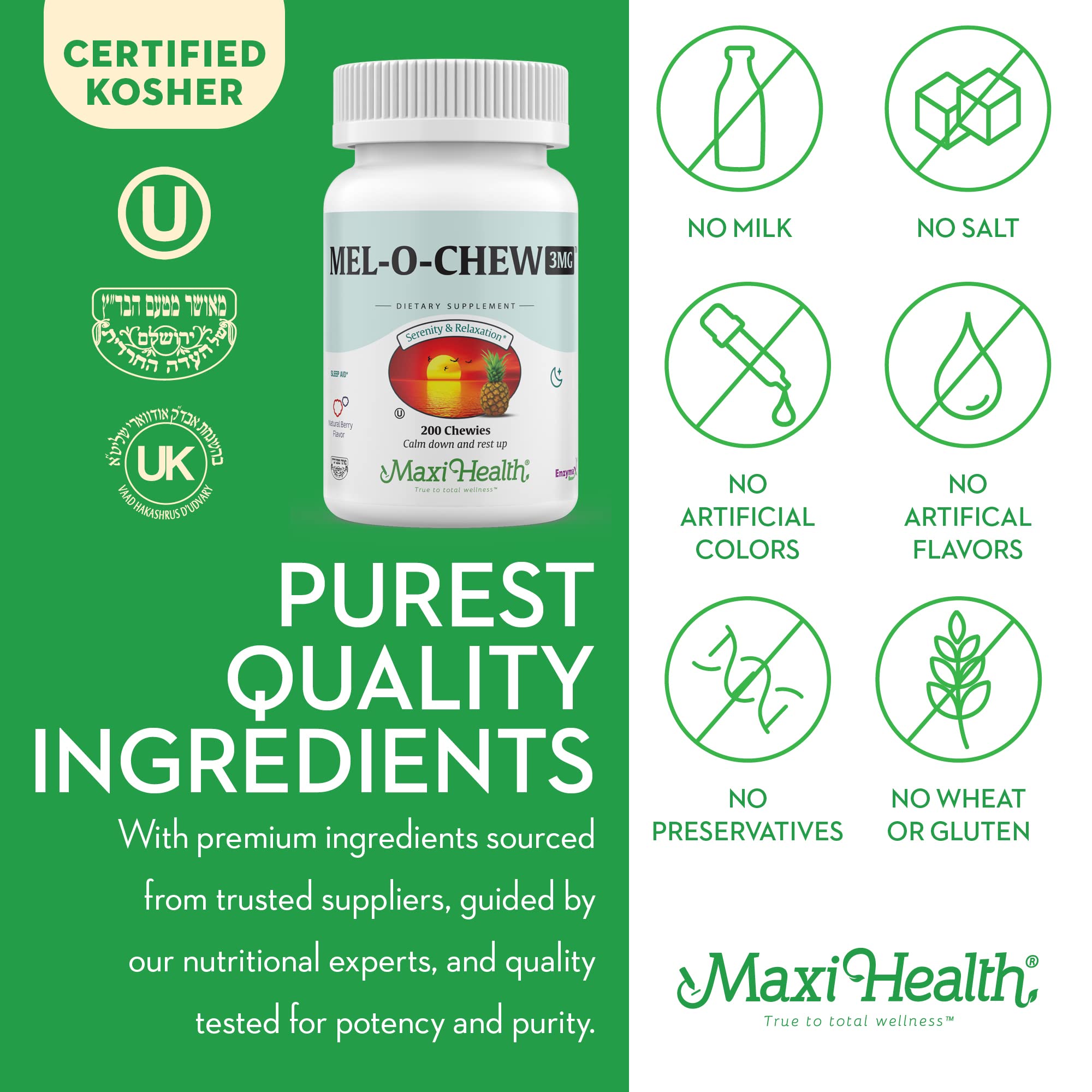 Maxi Health Mel-O-Chew Enzymax logo emphasizes fast absorption