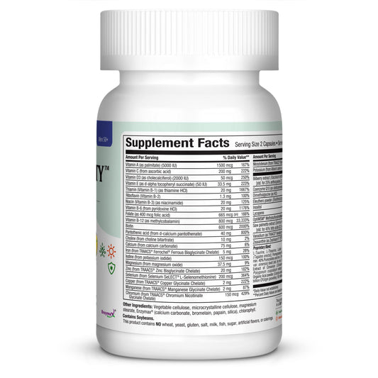 Maxi Health Mens Multivitamin 50+ bottle back outlines essential vitamins and minerals.