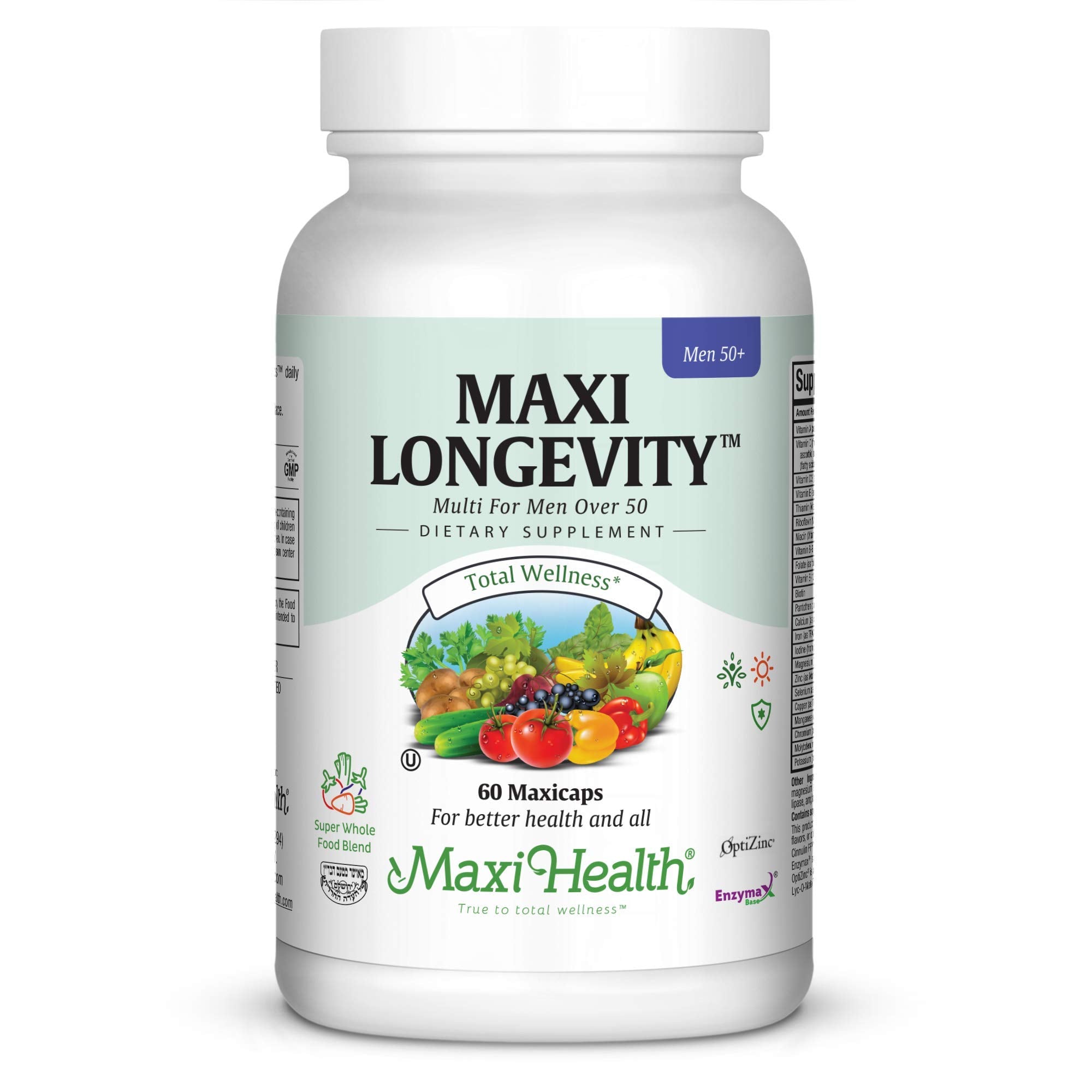 Maxi Health Mens Multivitamin 50+ bottle front supports daily energy and immune health.