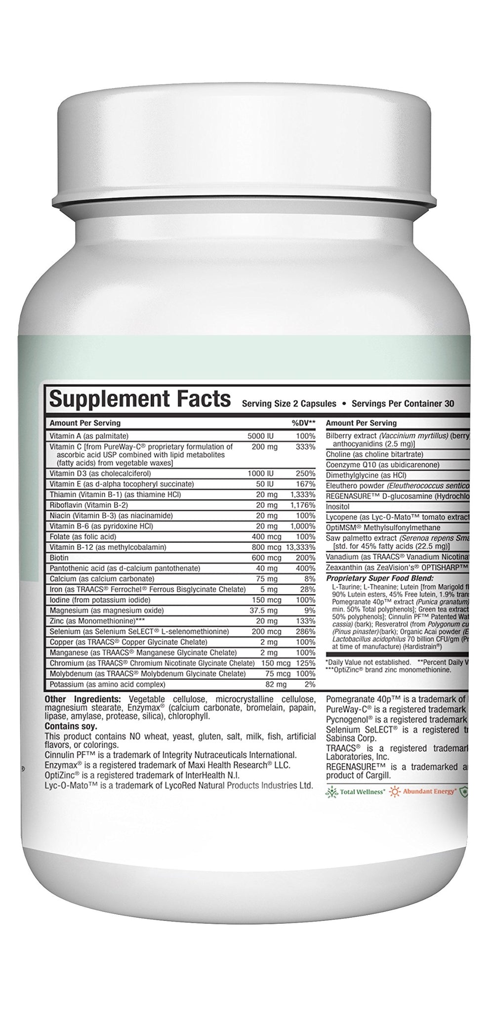 Maxi Health Mens Multivitamin 50+ ingredient blend showcases plant-based antioxidants for daily wellness.