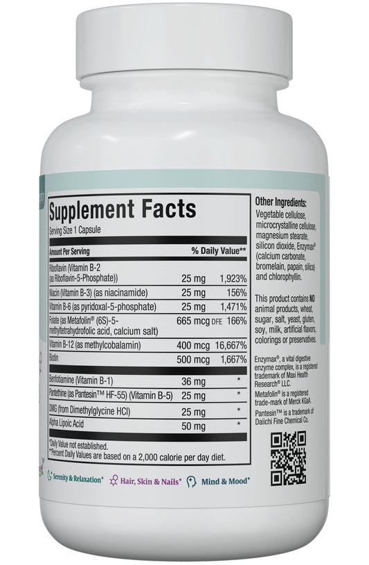 Maxi Health Methyl-B Supreme capsules closeup shows methylated vitamins and absorption.