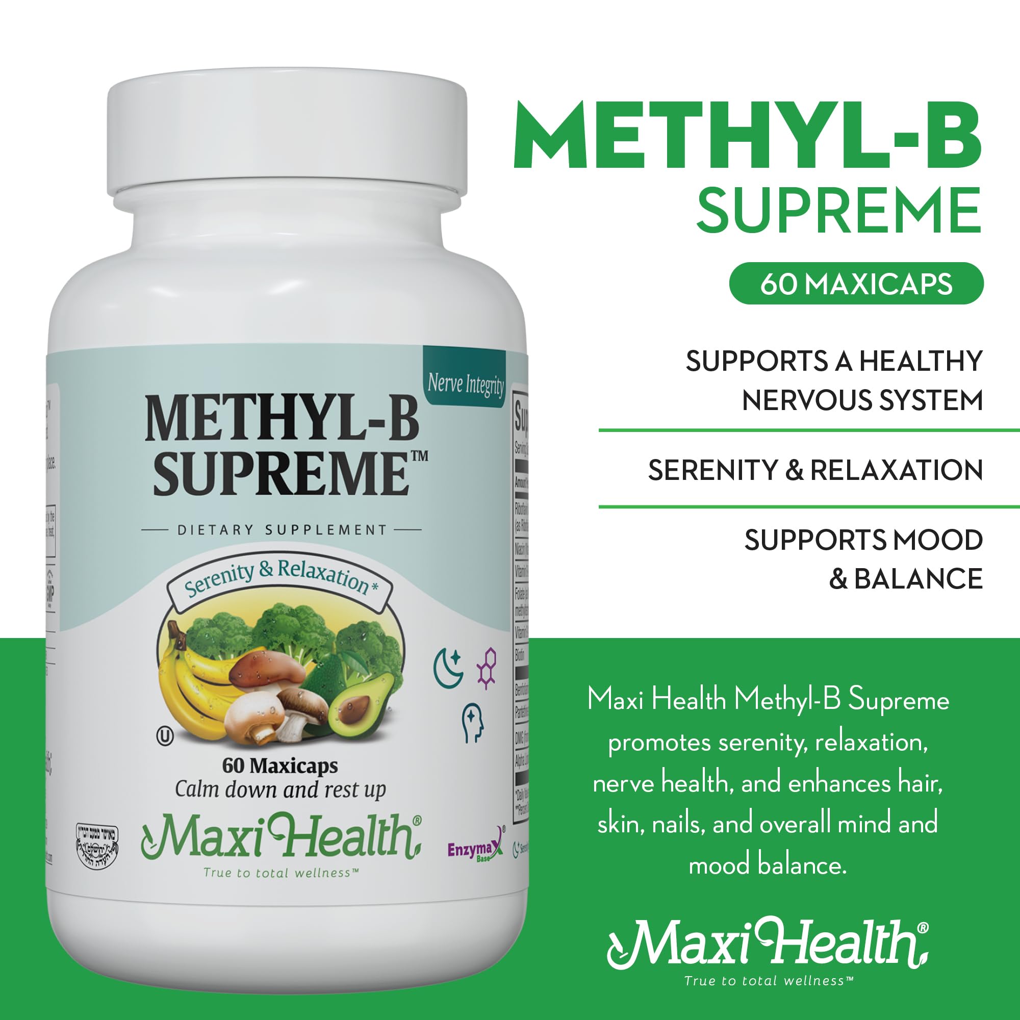Maxi Health Methyl-B Supreme image shows B12 and B6 for energy support.