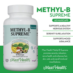 Maxi Health Methyl-B Supreme image shows B12 and B6 for energy support.