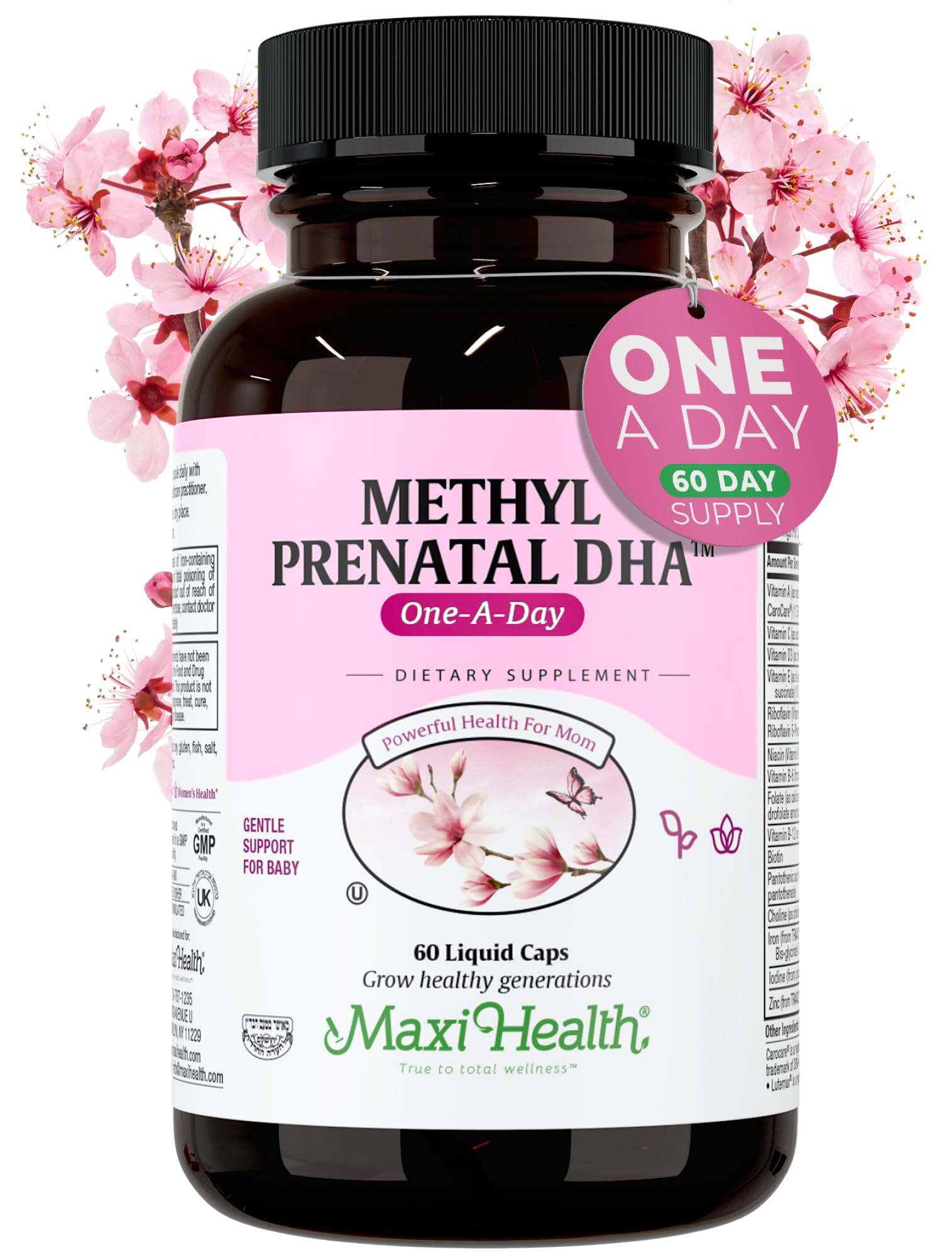 Maxi Health Methyl Prenatal DHA bottle showing complete prenatal nutrition support