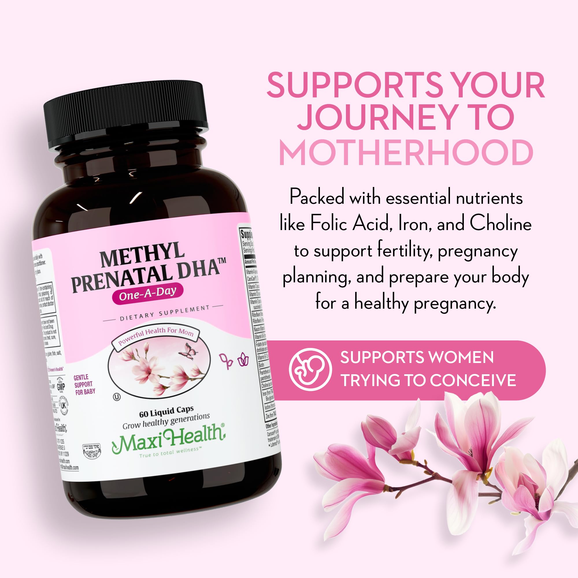 Close-up of Maxi Health Methyl Prenatal DHA capsules for easy daily use