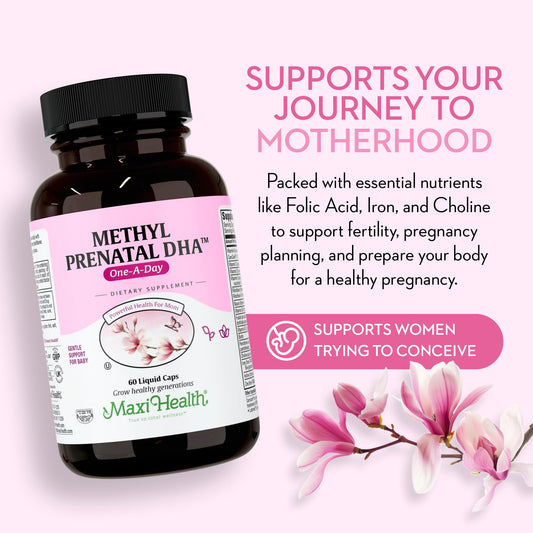 Close-up of Maxi Health Methyl Prenatal DHA capsules for easy daily use