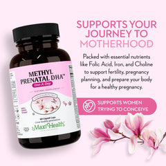 Close-up of Maxi Health Methyl Prenatal DHA capsules for easy daily use