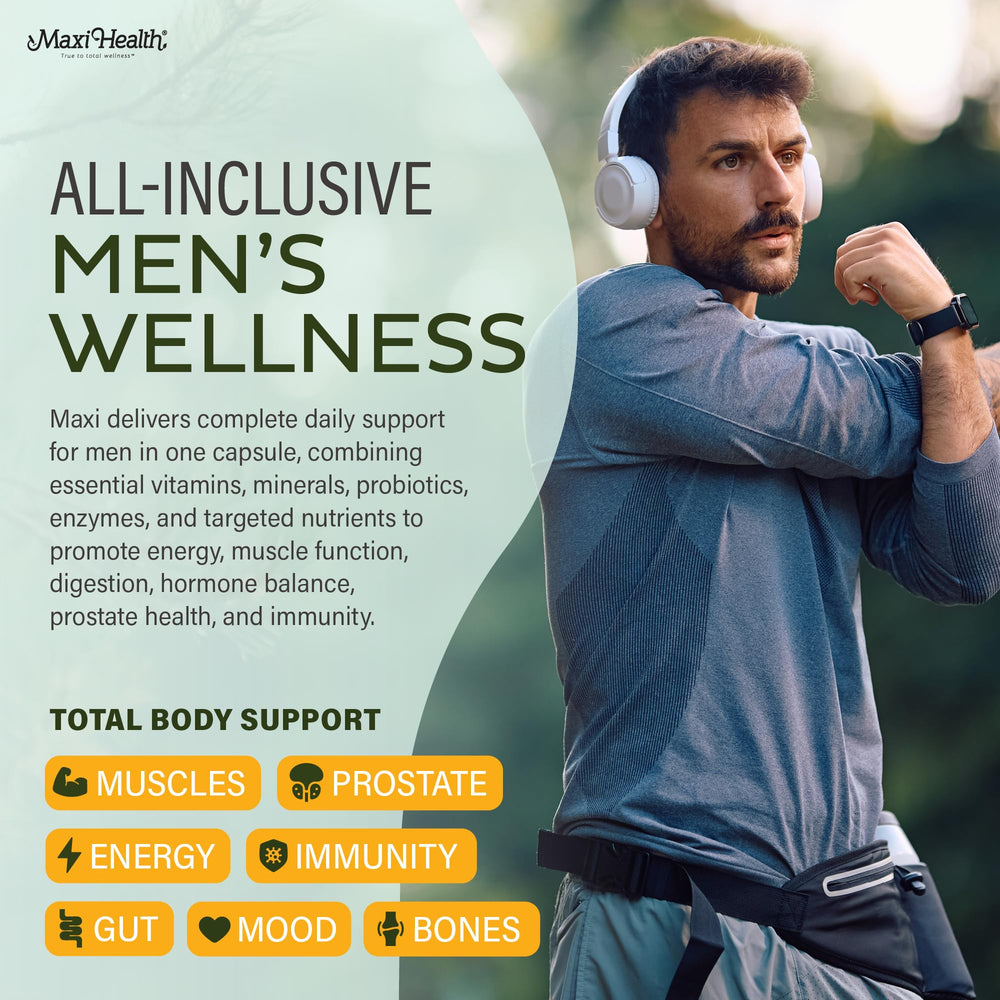 Maxi Health methylated men's multivitamin capsules close-up highlights easy-to-swallow capsules.