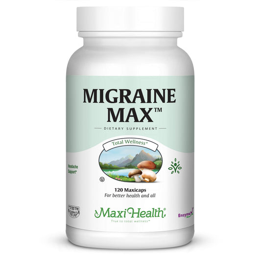 Maxi Health Migraine Max bottle front view showing natural migraine support.