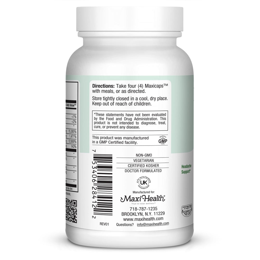 Maxi Health Migraine Max label showing kosher certification.