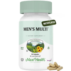 Maxi Health multivitamin men bottle front supports daily energy and overall wellness.